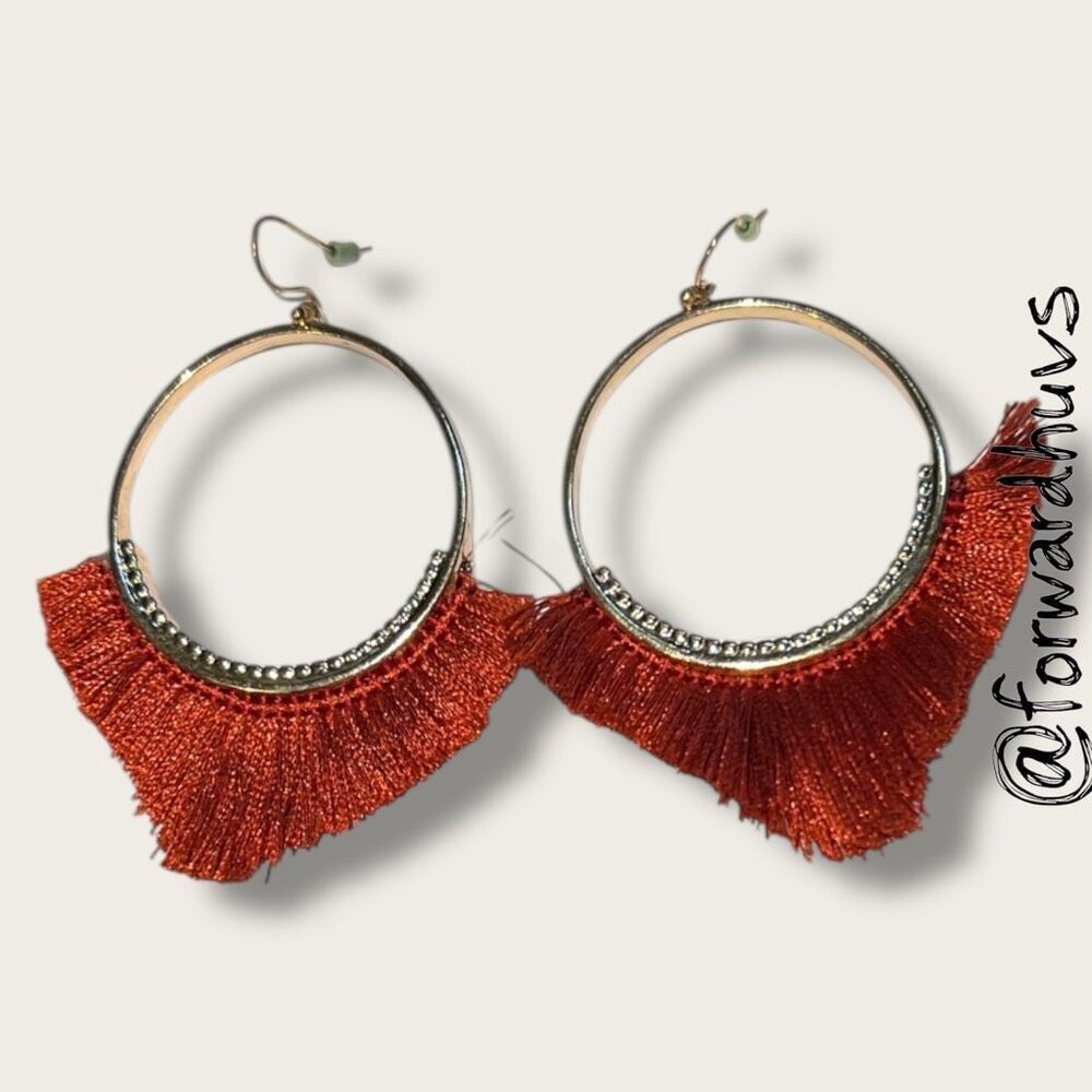 Bundle Sale 3 for $15 | Gold-Tone Hoop Earrings with Burnt Orange String